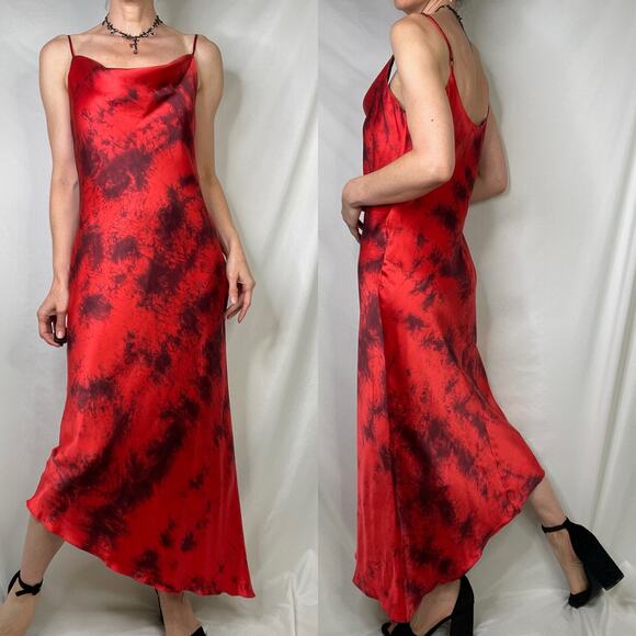 Arden B 100%‎ silk satin dress asymmetrical tie dye red midi maxi vintage Y2K M - Picture 13 of 13